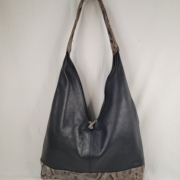 ​CECCONI PIERO Italy Black Leather Hobo Bag Snakeskin Trim Large Shoulder Bag
​ - Picture 13 of 13
